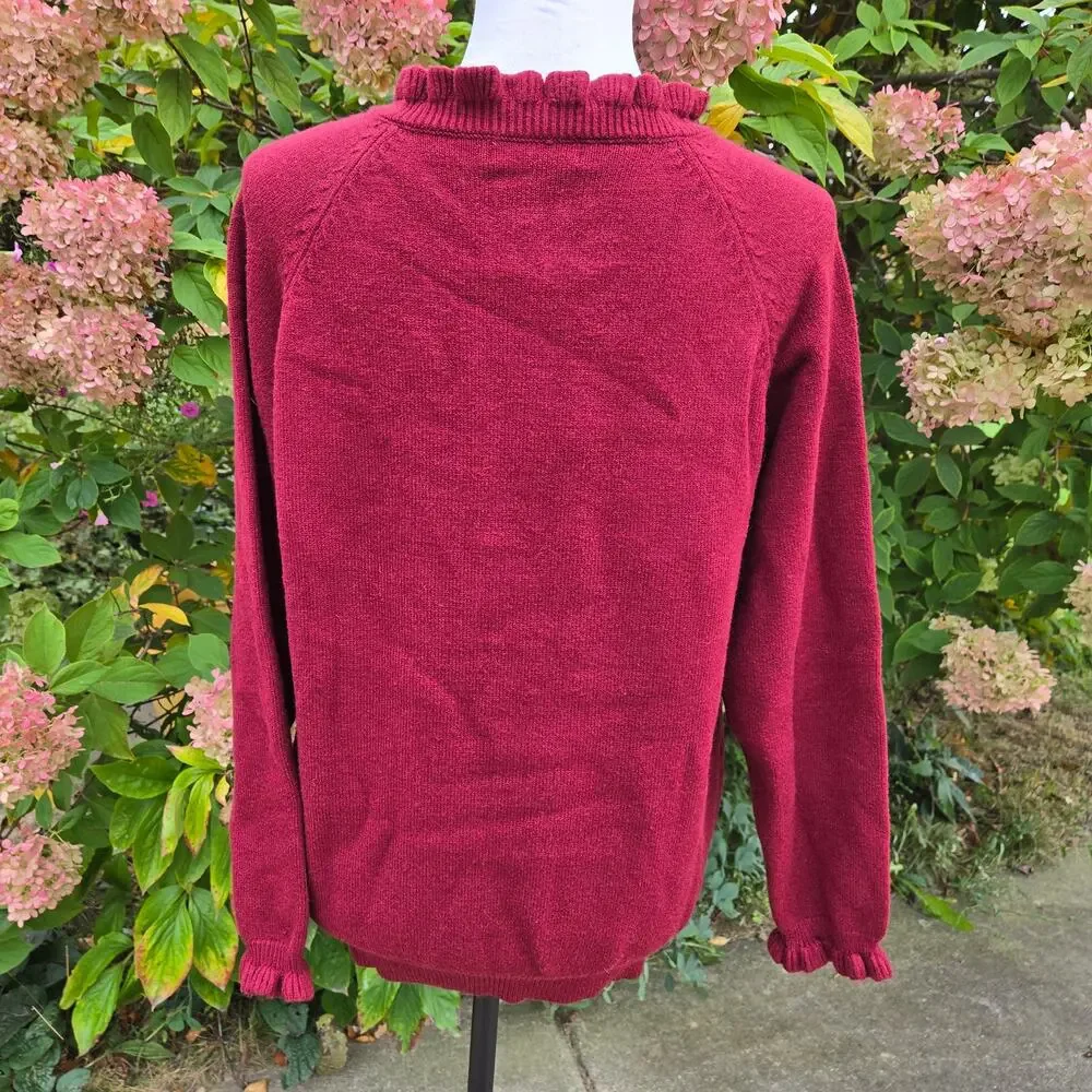 Demure BTFBM Cranberry Holiday Henley High Neck Pullover Sweater Ruffles Buttons